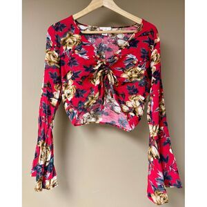 Ivy + Main Red Floral Bell Sleeve Crop‎ Top Ruched Front Boho Festival Style S/M